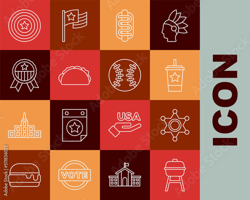 Set line Barbecue grill, Hexagram sheriff, Paper glass with straw, Hotdog sandwich, Taco tortilla, Medal star, American shield and Baseball ball icon. Vector