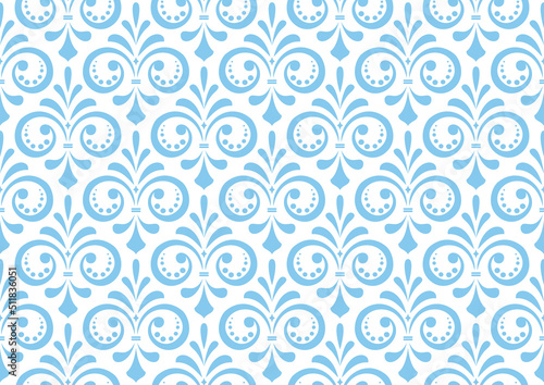 Flower geometric pattern. Seamless vector background. White and blue ornament. Ornament for fabric, wallpaper, packaging. Decorative print