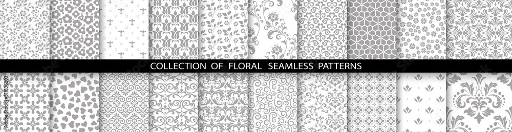 Geometric floral set of seamless patterns. White and gray vector backgrounds. Simple illustrations - obrazy, fototapety, plakaty 