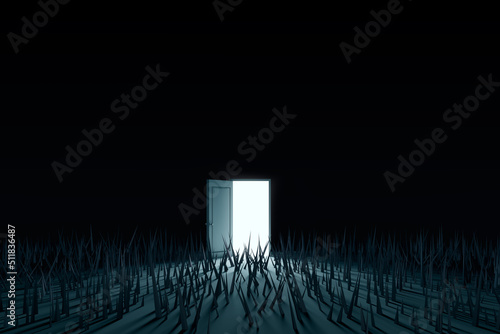Obraz na plátně door open darkness light shadow thorn on ground 3d black white monochrome scenery entryway gate exit