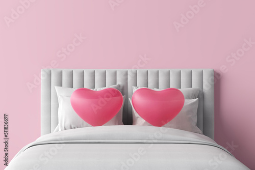 bed soft pillows headboard love hearts pink white sheets furniture sleep relax couple cuddle frame mattress quilt duvet bedding shape. Sweet valentine festival marriage and sex. 3D Illustration. photo