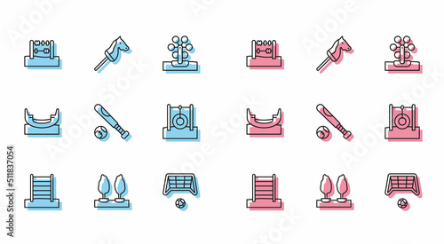 Set line Swedish wall, Forest, Abacus, Soccer goal with ball, Baseball bat, Car tire hanging on rope, Boat swing and Toy horse icon. Vector