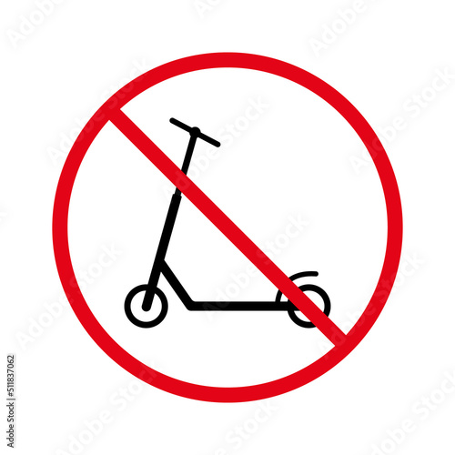 No Allowed Kick Scooter Sign. Handle Bike Ban Black Silhouette Icon. Forbidden Push Power Wheel Bicycle Pictogram. Trotinette Red Stop Symbol. Kick Scooter Prohibited. Isolated Vector Illustration