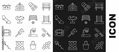 Set line Hopscotch, Baseball bat with ball, Swedish wall, Badminton shuttlecock, Swing car, Skateboard trick, Seesaw and Soccer goal icon. Vector