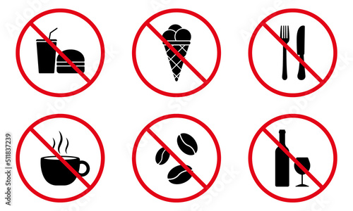 Forbidden Drink Cofee Tea Eat Pictogram Set. Ban Alcohol Black Silhouette Icon. Unhealthy Food Red Stop Symbol. No Allowed Entry with Beverage Sign. Ice Cream Prohibited. Isolated Vector Illustration
