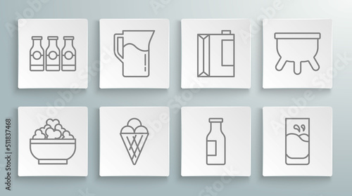 Set line Cottage cheese, Milk jug or pitcher, Ice cream in waffle cone, Bottle with milk, Glass, Paper package for kefir, Udder and icon. Vector