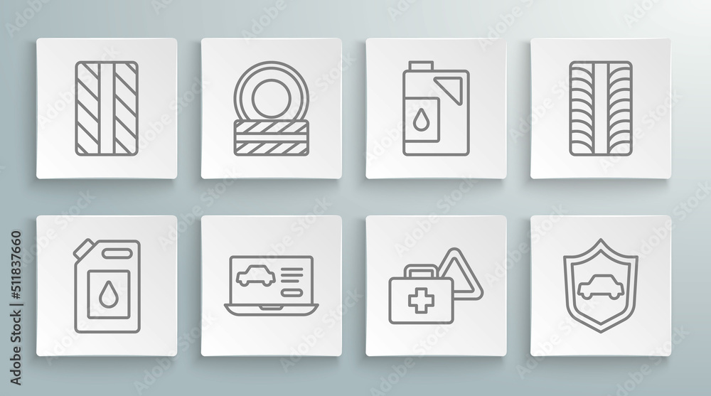 Set line Canister for motor oil, Car tire wheel, Diagnostics condition of car, First aid kit and warning triangle, with shield, and icon. Vector Set line Canister for motor oil, Car tire wheel, Diagnostics condition of car, First aid kit and warning triangle, with shield, and icon. Vector