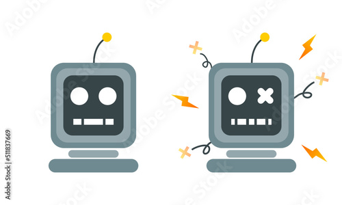 Set head robot normal and crash broken error flat vector icon design. concept page not found error 404.