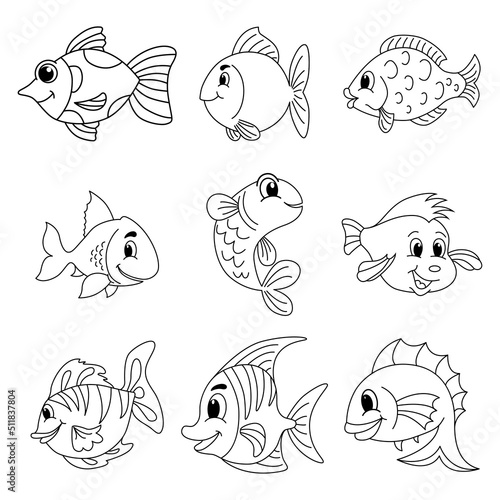 Cute fish set cartoon coloring page illustration vector. For kids coloring book.