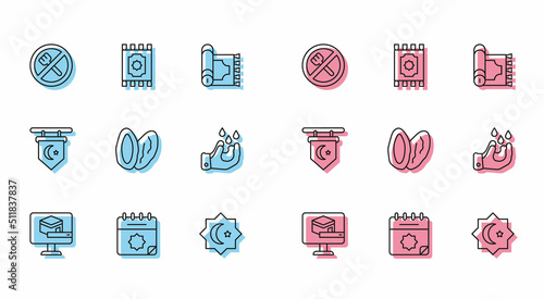 Set line Kaaba mosque, Ramadan calendar, fasting, Octagonal star, Date fruit, Wudhu, Star and crescent and Traditional carpet icon. Vector