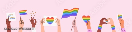 A set of elements of LGBT symbols. Hands holding flags, posters and hearts in the colors of the LGBT flag. Month of pride, rainbow, love wins. Flat vector illustration