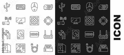 Set line Computer cooler, Router and wi-fi signal, Processor with CPU, mouse, monitor screen, USB and icon. Vector