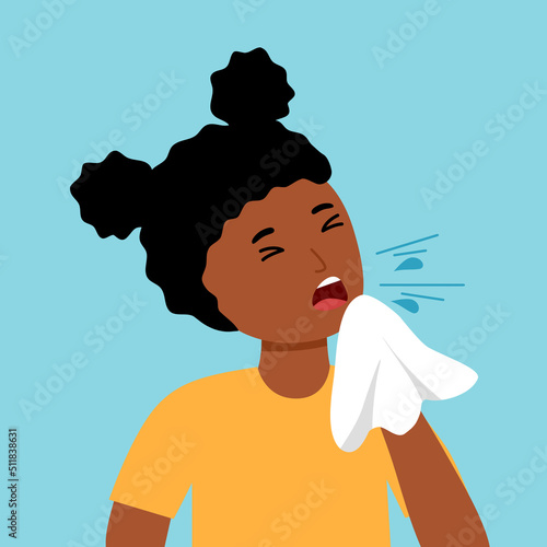 Black child sneezing concept vector. Kids blowing in handkerchief. Children catch a cold from season allergy.