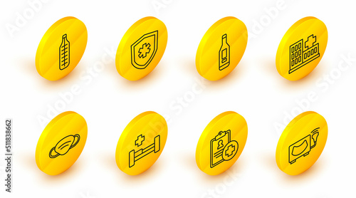 Set line Ultrasound, Patient record, Hospital bed, Medical protective mask, building, Digital thermometer, Life insurance and icon. Vector