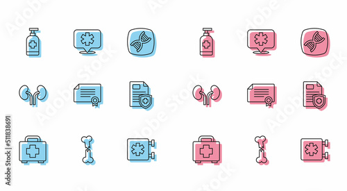 Set line First aid kit, Human broken bone, Antibacterial soap, Emergency - Star of Life, Certificate template, Patient record, kidneys and Location hospital icon. Vector