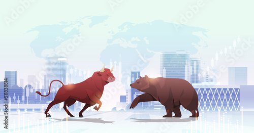 angry fighting bull and bear in attacking pose dangerous mammal animals market trend stock exchange trading