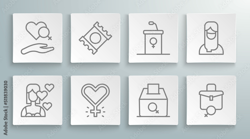Set line Love yourself, Condom in package, Feminism, Female vote right, Work for female, Debate podium rostrum, Muslim woman hijab and Heart with gender icon. Vector Set line Love yourself, Condom in package, Feminism, Female vote right, Work for female, Debate podium rostrum, Muslim woman hijab and Heart with gender icon. Vector
