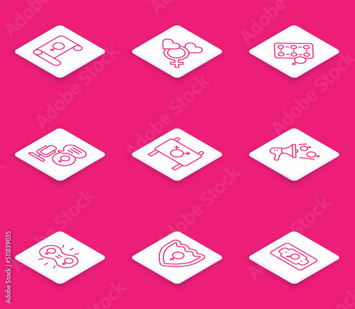 Set line Feminism, Female gender, Packaging of birth control pills, Microphone, Feminist activist, Gender equality and shield, icon. Vector