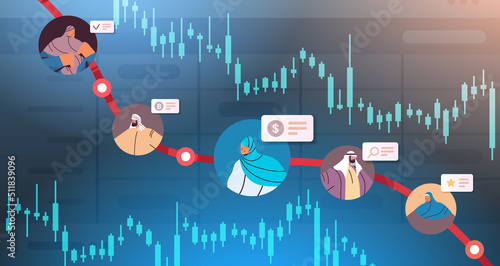 mix race traders analyzing falling down stock market trading graph candlestick chart financial investment