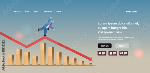 arab businessman standing on downward red arrow recession financial crisis bankruptcy concept