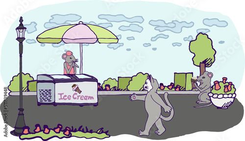 Illustration of a mouse selling ice cream. Park, greenery, cat, food court and buyer, eps ready for use. For your design