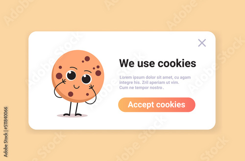 protection of personal information cookie mascot character with internet web pop up we use cookies policy notification