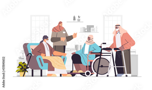 friendly arab nurse or volunteer supporting aged arabic people home care services healthcare horizontal
