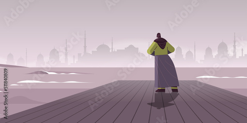 rear view arab businesswoman standing on wooden pier and looking to sea business and challenge crisis bankruptcy