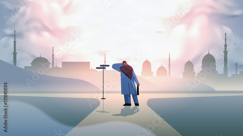 frustrated arab businesswoman choosing right direction at road sign important choice career path opportunities
