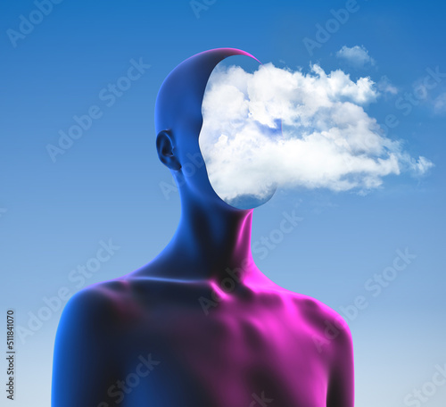 Abstract creative illustration from 3D rendering of female bust figure with cloud face isolated on blue sky background in vaporwave style color palette gradient.