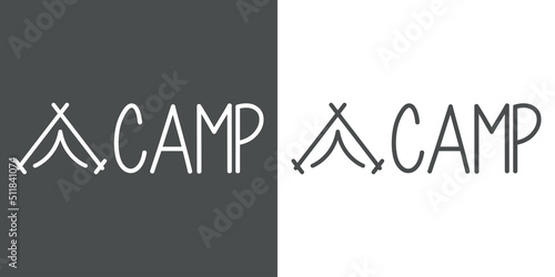 Banner con texto manuscrito Camp. Vector con silueta de tienda de acampada con líneas. Logo vacaciones. Fondo gris y fondo blanco