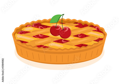 Sweet traditional fresh cherry pie icon vector. Whole sweet cherry tart icon vector. Fruit cake with cherries icon isolated on a white background