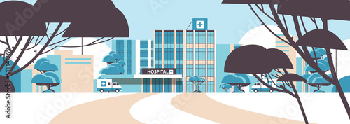 hospital building and ambulance car medical center concept modern clinic exterior healthcare concept