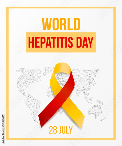 World hepatitis day concept. Banner template with red and yellow ribbon awareness, text and world map.