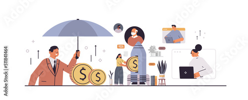 businesspeople investing dollar coins in space rocket cash protection financial savings insurance new project investment