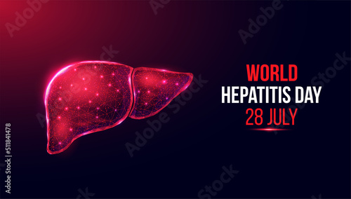 Liver wireframe. World hepatitis day concept. Banner template with glowing low poly liver. Futuristic modern abstract. Isolated on dark background. Vector illustration.