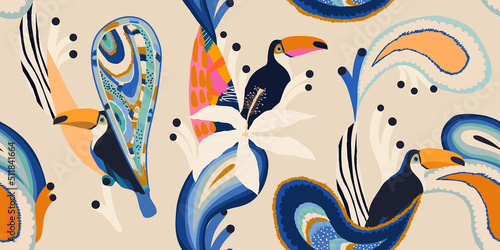 Modern abstract tropical paisley pattern with toucan. Collage contemporary seamless pattern. Hand drawn cartoon style pattern.