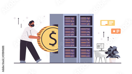 businessman investing dollar coins in cloud storage data server growth wealth investment concept