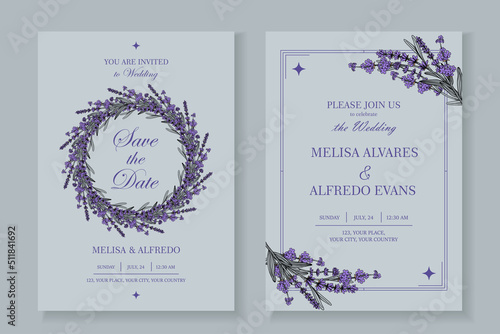 Elegant template of wedding invitation cards with Lavender Rustic decor. Vector illustration