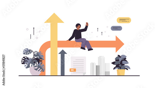 businessman sitting on upward arrow financial growth successful business development concept