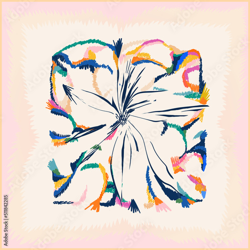 Soft pink modern hand drawn scarf design with artistic flower illustration. Abstract fashionable vector template for your design.