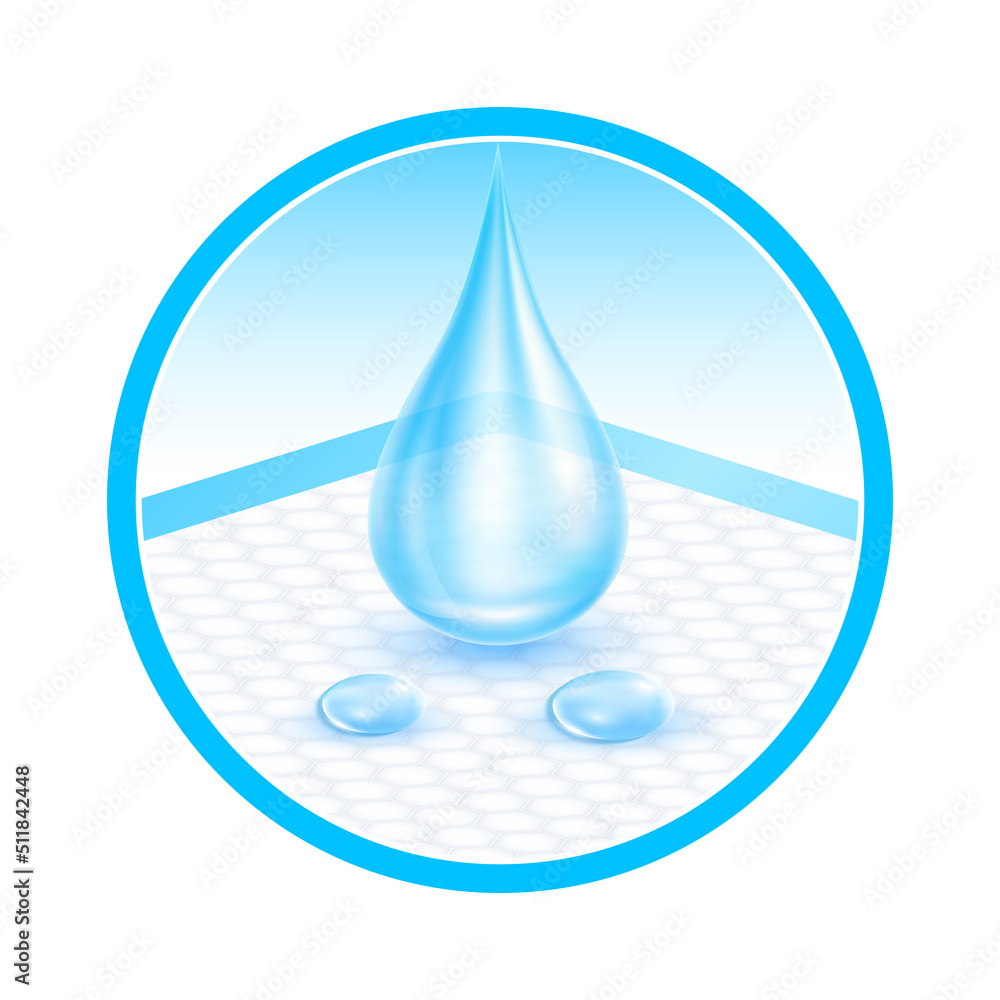 Water droplets on disposable close up. For elderly and bedridden people with urinary incontinence. Soft protection and convenient. Blue diaper pads Isolated on white background. 3D vector.  - obrazy, fototapety, plakaty 
