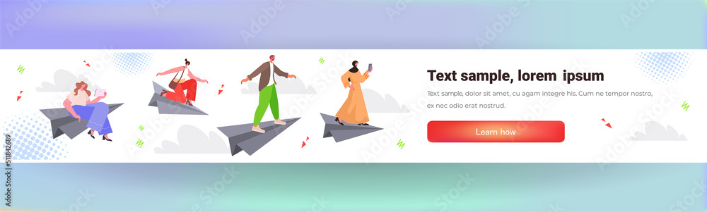 businesspeople flying on paper plane teamwork successful project leadership concept full length horizontal businesspeople flying on paper plane teamwork successful project leadership concept full length horizontal