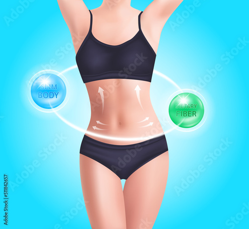 Beautiful woman's body. Perfect slim toned young body with dietary fiber lower cholesterol level. Slim foods and vitamin healthy supplement. 3D Vector EPS10. On a blue background.