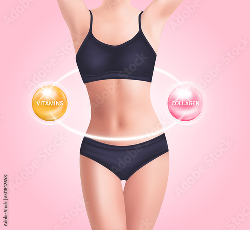 Perfect slim toned young body with dietary fiber lower cholesterol level. Slim foods and vitamin collagen healthy supplement. Beautiful woman's body. 3D Vector EPS10. On a pink background.
