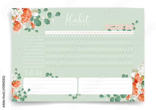 Habit tracker. Monthly planner. Monthly planner habit tracker blank template. Vector illustration. Minimal style. Clean style. Daily to do.
