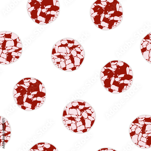 Seamless pattern with sausage meat slices. Fuet, pork, beef, salami. Butcher, restaurant menu, meat store.