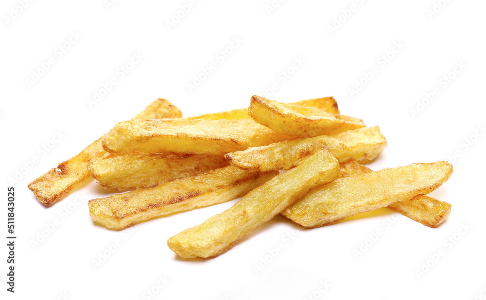 French fries pile, fried potato sticks isolated on white  