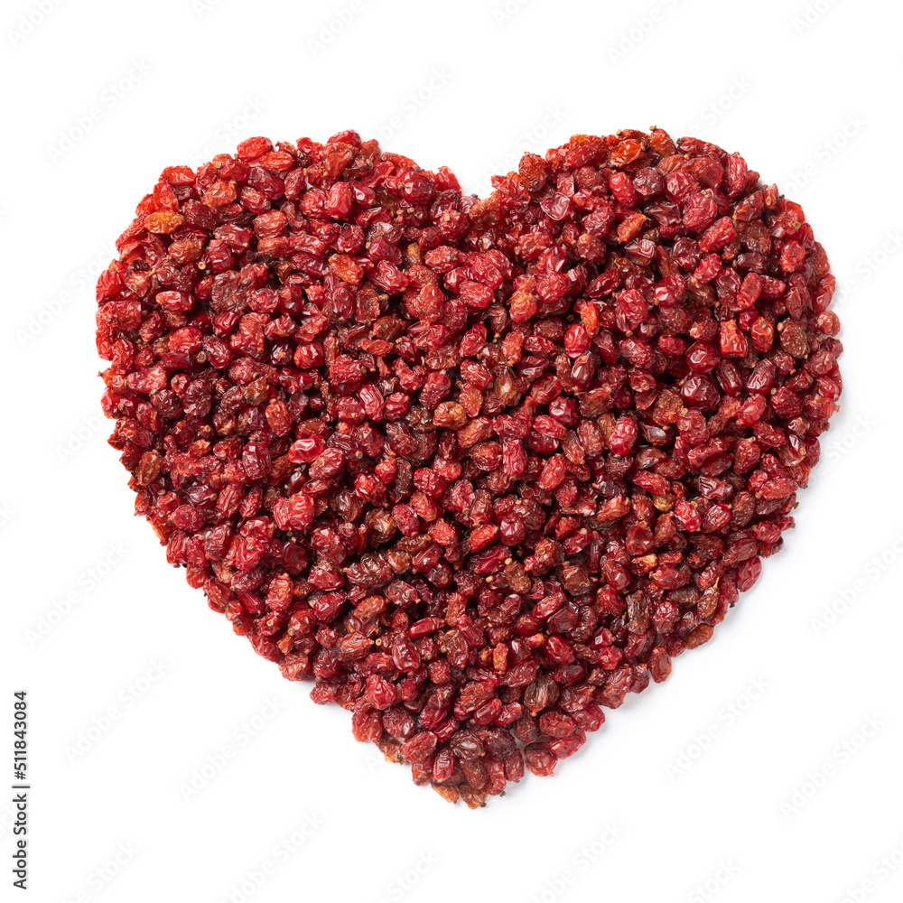 Dried Iranian barberries in hearts shape isolated on white background Dried Iranian barberries in hearts shape isolated on white background