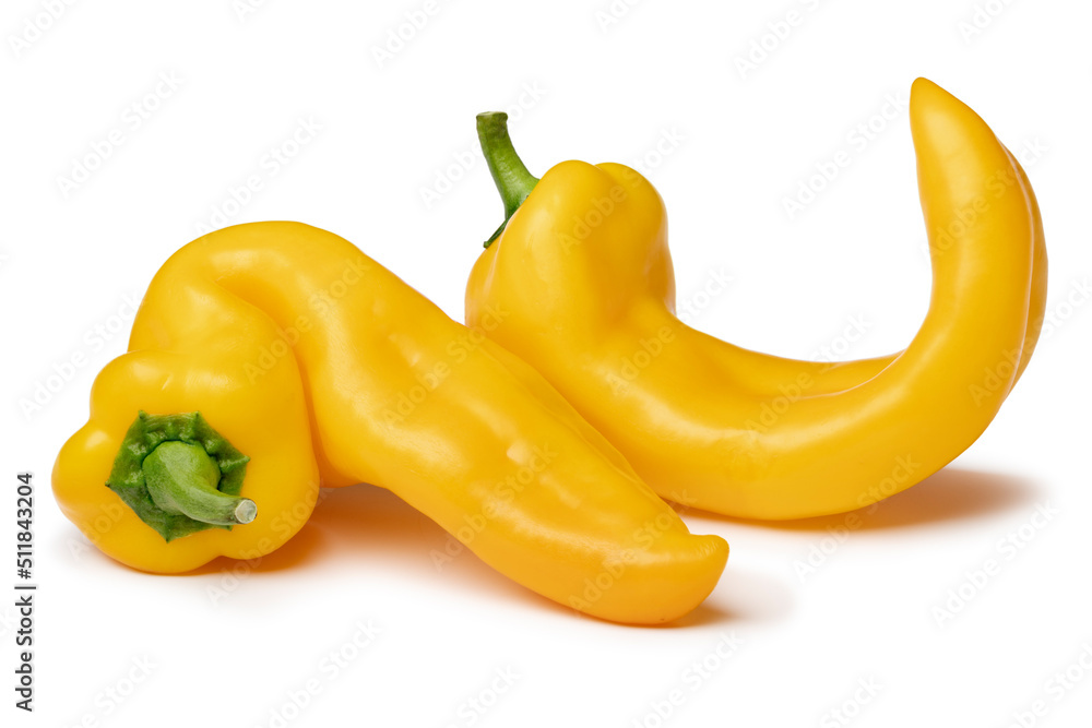 Pair of yellow deformed homegrown yellow pointed bell peppers isolated on white background Pair of yellow deformed homegrown yellow pointed bell peppers isolated on white background
